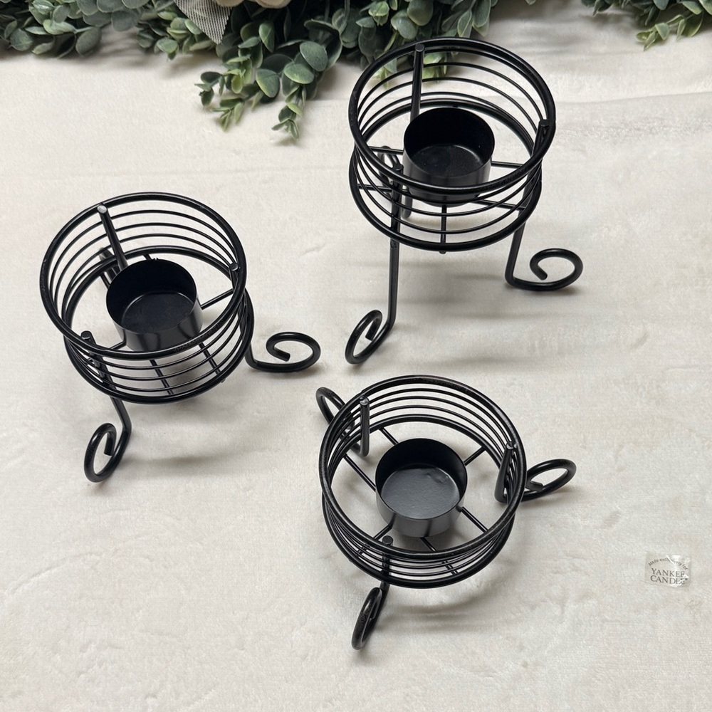 Set of three black wire tea light candle holders by Yankee Candle.